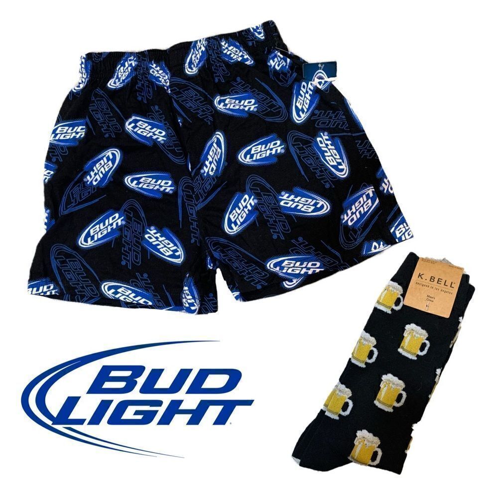 NWT bud boxers & NWT k-bell Mid calf black socks beer